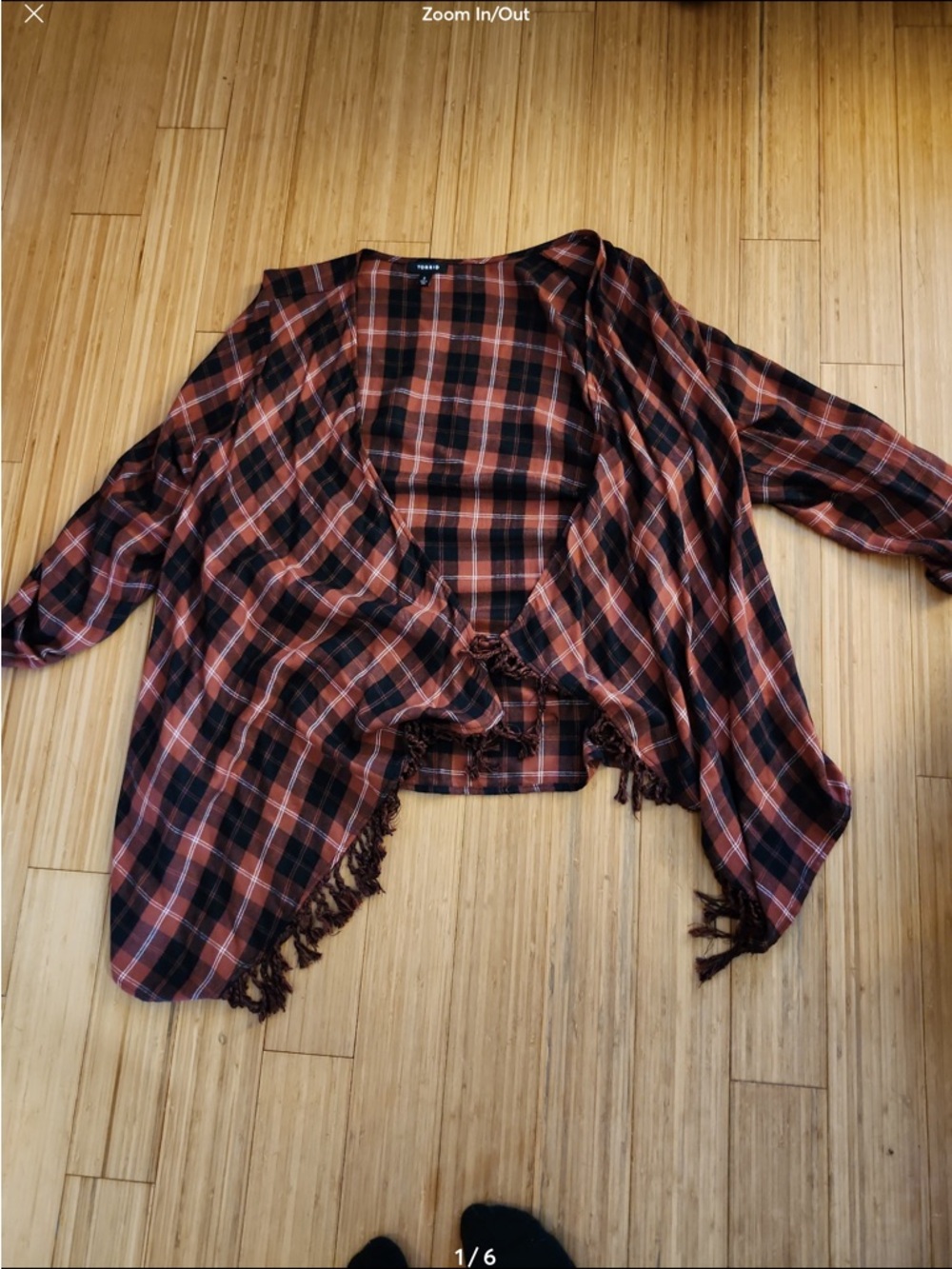 Torrid Cardigan Woman sz 2 Plaid Flannel Drape Fringe Roll Tab Sleeve